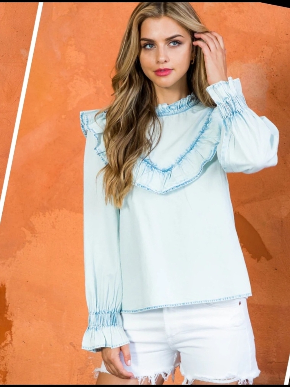 THML Light Blue Ruffle Long Sleeve Top